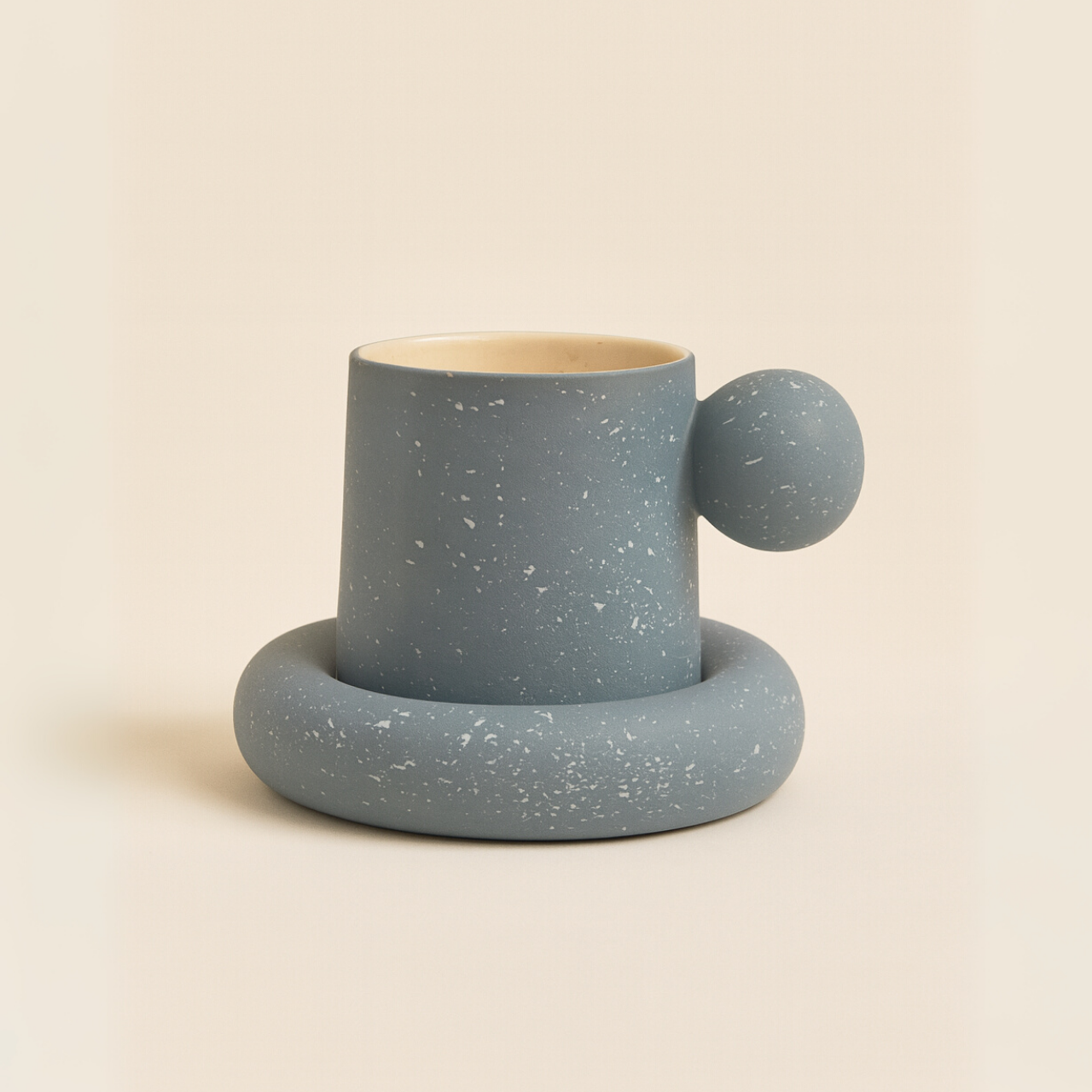 Sculptural Handle Ceramic Cup with Saucer - Brown