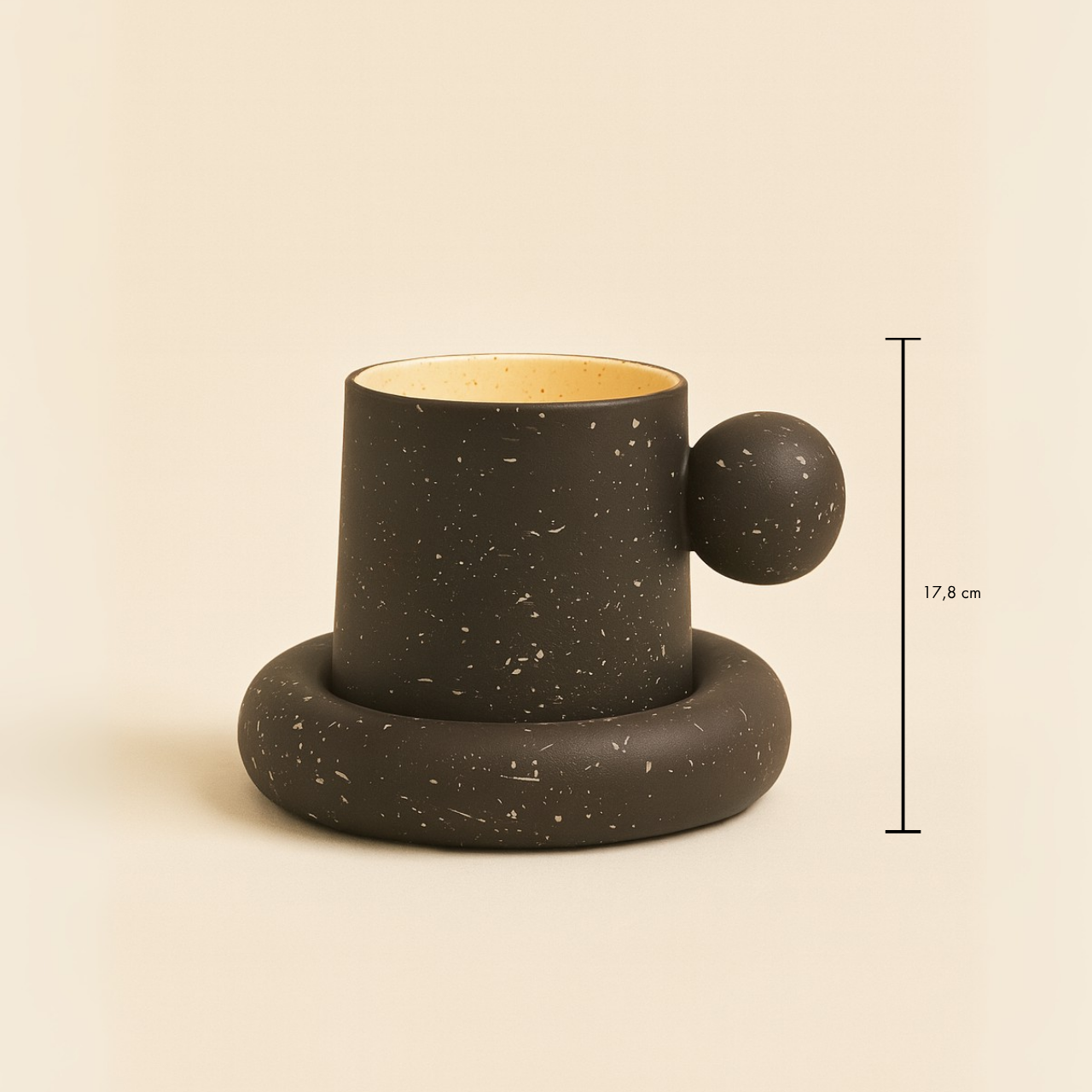 Sculptural Handle Ceramic Cup with Saucer - Grey
