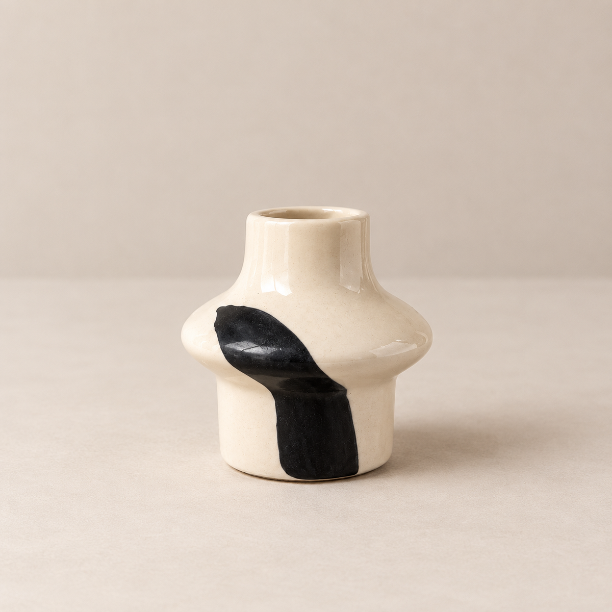 Ivory Ceramic Taper Candle Holder with Black Brushstroke