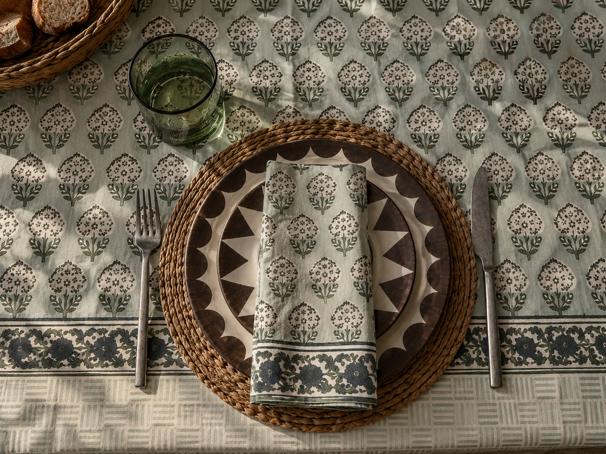 Cotton Tablecloth with Sage Floral Print