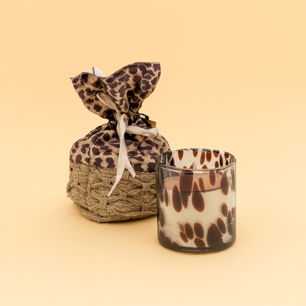 Scented Candle in Handwoven Basket Gift Set - Leopard