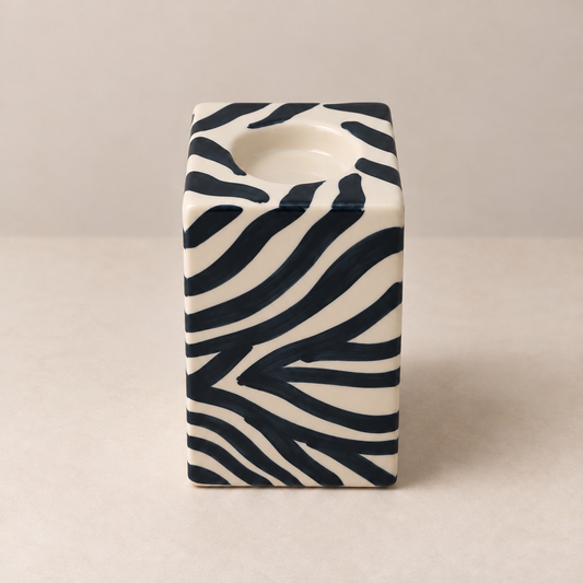 Large square ceramic tealight holder with black and cream zebra stripes