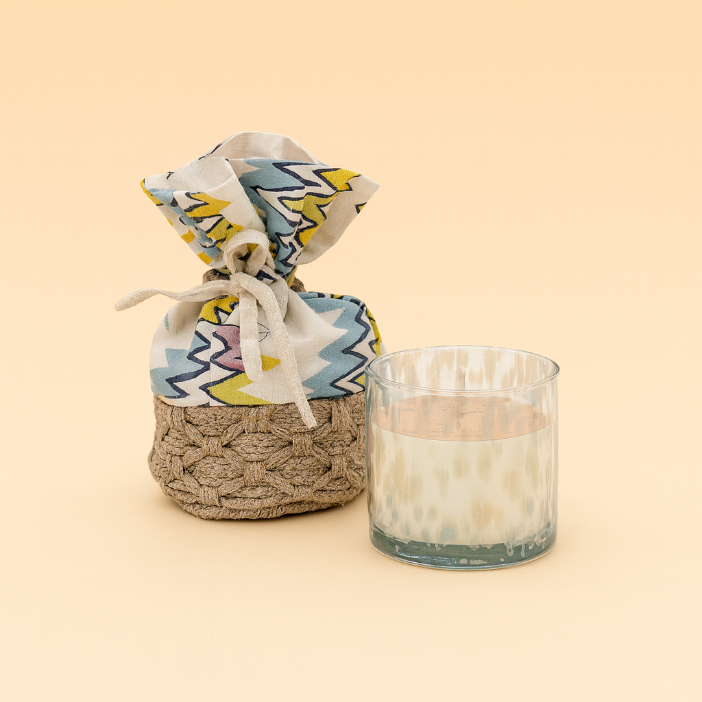 Scented Candle in Handwoven Basket Gift Set- Chevron