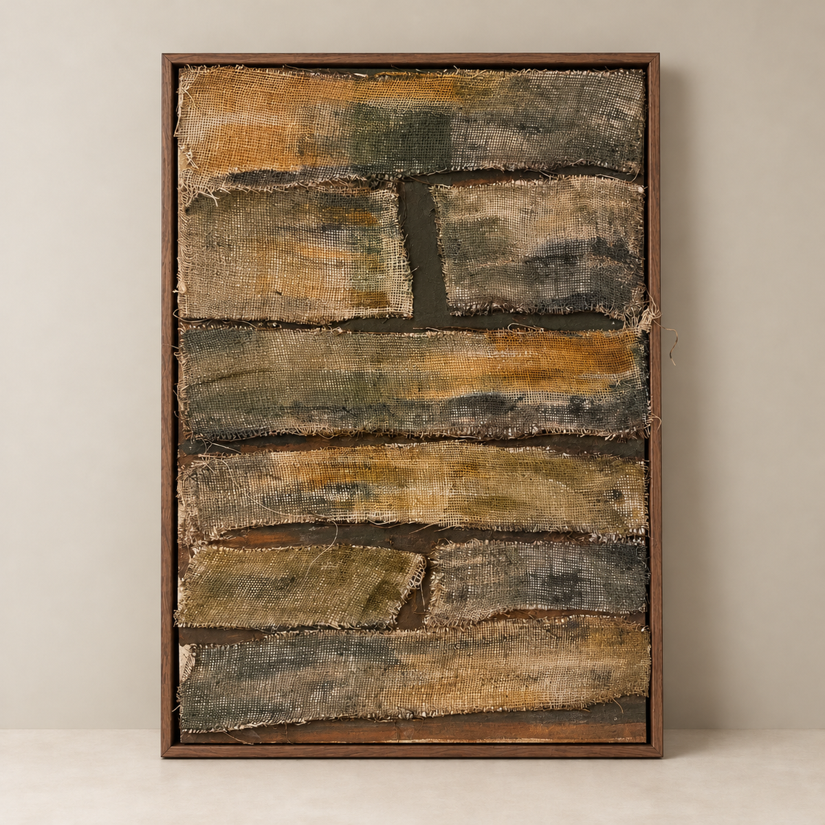 Textured Canvas Wall Art – Layered Burlap in Ochre & Olive