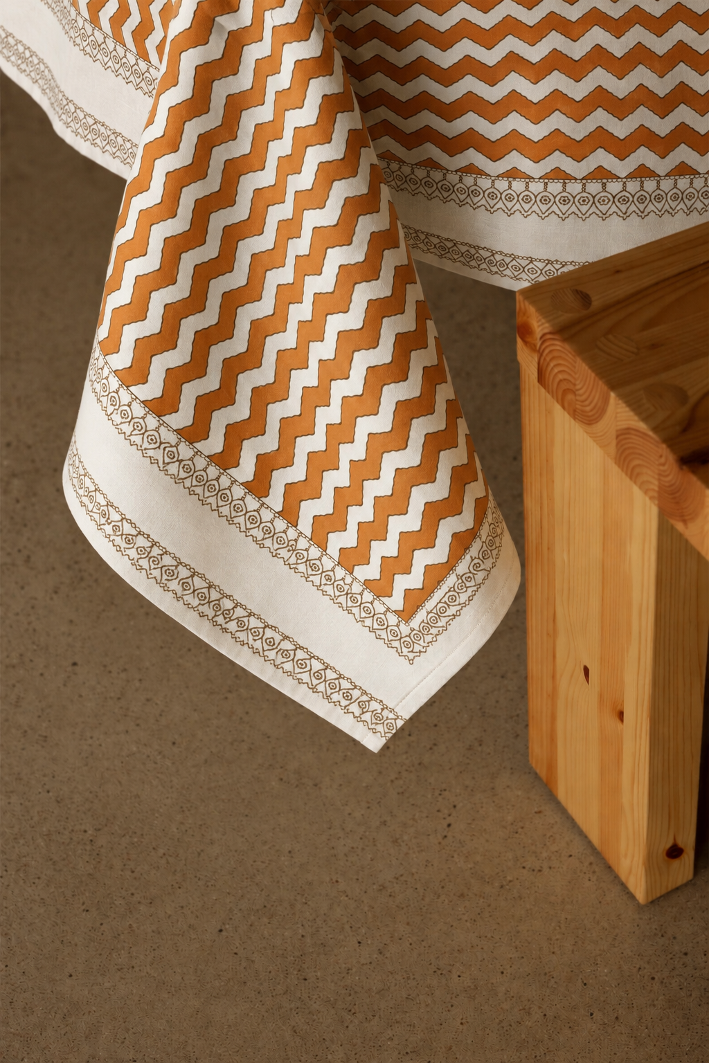 Cotton Tablecloth with Rust Chevron Print